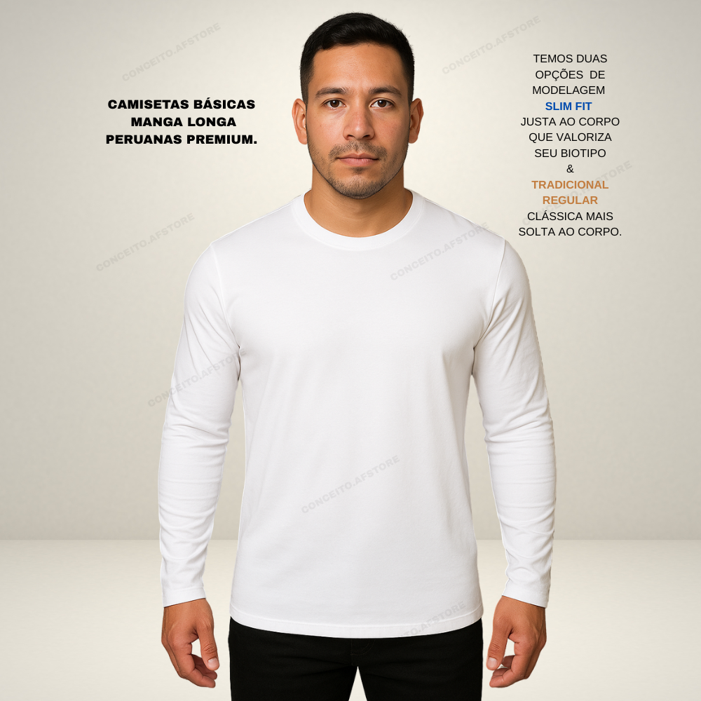 Camiseta Masculina Manga Longa Malha Peruana Premium – Conforto e Estilo - Slim Fit & Tradicional.